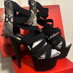 Pleaser Black and Snake Print Strappy Heels